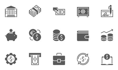 Finance and Banking Vector Line Icons Set . Contains Coins, Money and Bank Management icons.