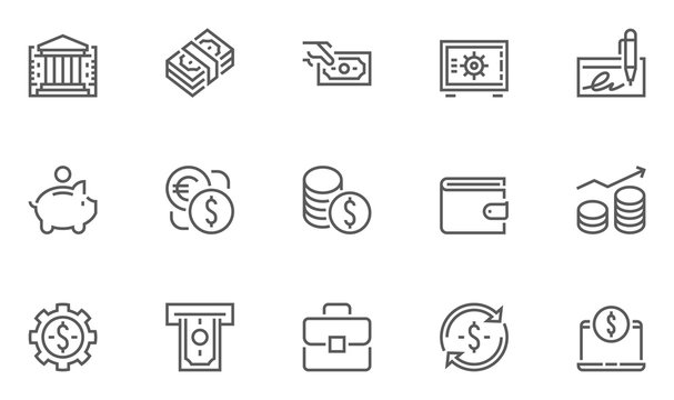 Finance and Banking Vector Line Icons Set . Contains Coins, Money and Bank Management icons.. Editable Stroke. 48x48 Pixel Perfect.