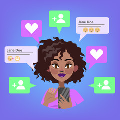 Woman using mobile phone. Teen communicate with friends