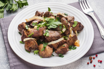 Baked chicken liver with onion on a plate