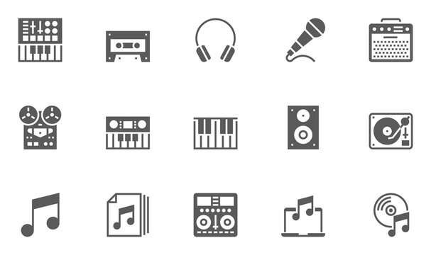 Music Vector Icons Set. Contains Keyboard, Music Speaker, Musical Equipment and more.