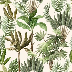 Tapeten Botanischer Druck Nahtloses Muster mit exotischen Bäumen wie Palmen und Bananen. Innen Vintage Tapete.