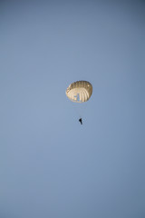 Fototapeta premium Jump of paratrooper with white parachute, Military parachute jumper in the sky.