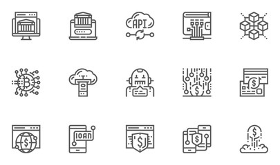 Fintech Industry Vector Line Icons Set. Blockchain, Robo-advisors, Crowdfunding, Startup, Finance Digitization. Editable Stroke. 48x48 Pixel Perfect.