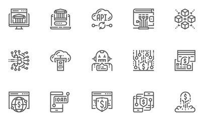 Fintech Industry Vector Line Icons Set. Blockchain, Robo-advisors, Crowdfunding, Startup, Finance Digitization. Editable Stroke. 48x48 Pixel Perfect.