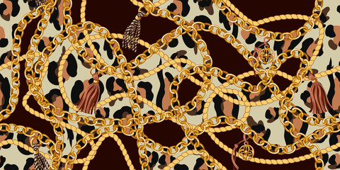 Trendy seamless pattern with gold chains and rope on  leopard skin. Vector.