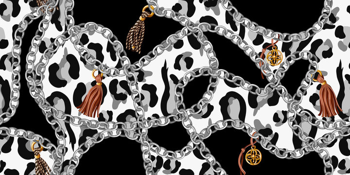 Trendy seamless pattern with chains on  leopard skin. Vector.