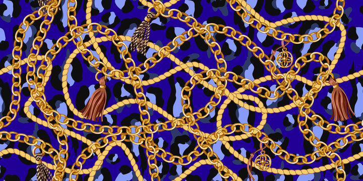 Trendy seamless pattern with gold chains and rope on blue leopard skin. Vector.