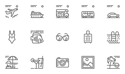 Vacation, Traveling and Tourism Vector Line Icons Set. Resort Hotel, Summer Holiday. Editable Stroke. 48x48 Pixel Perfect.
