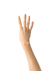 Female hand showing four fingers on white background