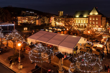 Evening pohotography of the traditional Christmas market in a main square in Zlin, Czech Republic, Europe. Christmas decoration and lights provide Christmas mood from this photo.
