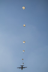  Jump of paratrooper with white parachute, Military parachute jumper in the sky.