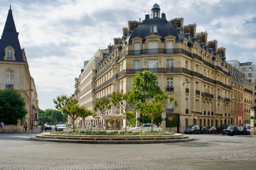 PARIS, FRANCE - MAY 26, 2018: historic buildings on one of the central streets of the city