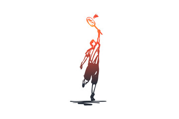 Badminton, player, rocket, sport, game concept. Hand drawn isolated vector.