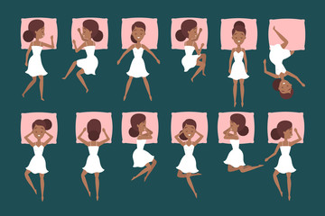 Big set of woman sleep in different position.