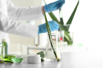 Flask with fresh aloe leaf on table in laboratory