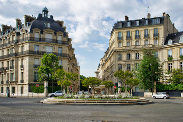 PARIS, FRANCE - MAY 26, 2018: historic buildings on one of the central streets of the city