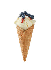 Waffle cone with delicious ice cream on white background