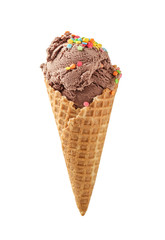 Waffle cone with delicious ice cream on white background