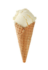 Waffle cone with delicious ice cream on white background