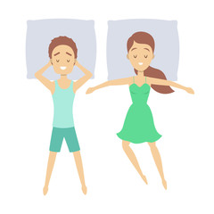 Couple sleep in different position. Female character
