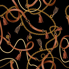 Seamless pattern with belts, chain and braid for fabric design. Vector.