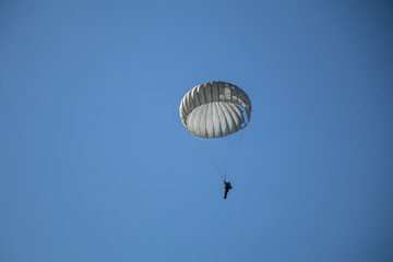 Jump of paratrooper with white parachute, Military parachute jumper in the sky.