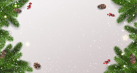 Christmas white background with fir branches, berries, gift boxes, snowflakes. Xmas and New Year theme. Vector Illustration