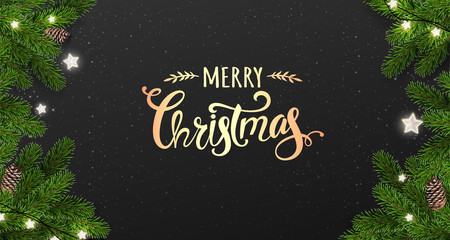 Gold Merry Christmas Typographical on black background with tree branches, gift boxes, stars, pine cones. Xmas and New Year theme. Vector Illustration
