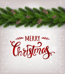 Merry Christmas text on white shiny background with garland of Christmas tree branches,  snowflakes, stars. Xmas and New Year card. Vector Illustration