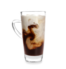 Glass cup of cold coffee on white background
