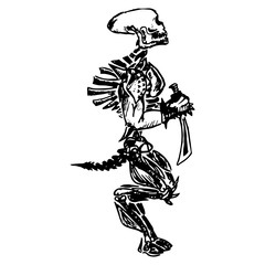 Skeleton with a sword. Sketch of an unusual skeleton. Extruded skull. Vector illustration. Hand drawn.
