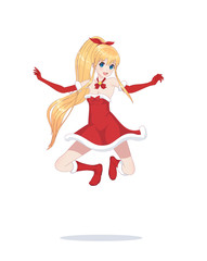 Joyful anime manga girl as Santa Claus in a jump
