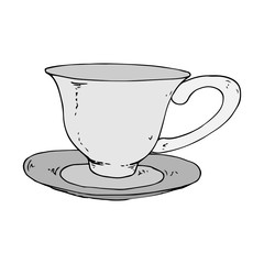 Tea mug with a saucer. Vector illustration of a tea cup and saucer. Hand drawn cup of tea with a saucer.
