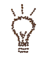 Light bulb made of roasted coffee beans on white background