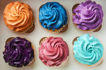 Colorful cupcakes in carton box