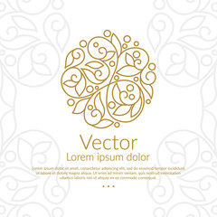 Gold linear leaf emblem. Elegant, classic vector. Can be used for jewelry, beauty and fashion industry. Great for logo, monogram, invitation, flyer, menu, brochure, background, or any desired idea.