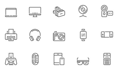 Electronic Devices Vector Line Icons Set. Compact Personal Computer, Smartphone, Smart Watch, Camcorder, Gadgets for Mobile Calls, Communication ang Gaming. Editable Stroke. 48x48 Pixel Perfect.