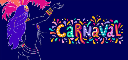 Fototapeta na wymiar Vector Hand drawn Carnaval Lettering. Carnival Title With Colorful Party Elements, confetti and brasil samba dansing