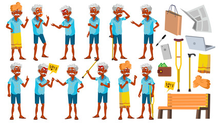 Indian Old Man Poses Set Vector. Elderly People. Hindu. Asian. Senior Person. Aged. Cheerful Grandparent. Presentation, Invitation, Card Design. Isolated Cartoon Illustration