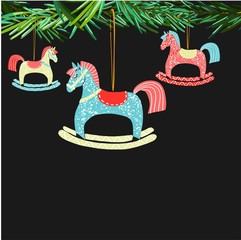 Retro vintage Scandinavian graphic lovely winter holiday new year collage pattern Christmas tree toys and rocking horse hand illustration. Perfect for cards, textile, wallpaper, background