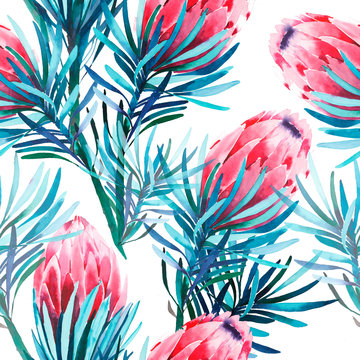 Bright green herbal tropical wonderful floral summer pattern of a pink protea flowers watercolor hand illustration. Perfect for textile, wallpapers, invitation, wrapping paper, phone case