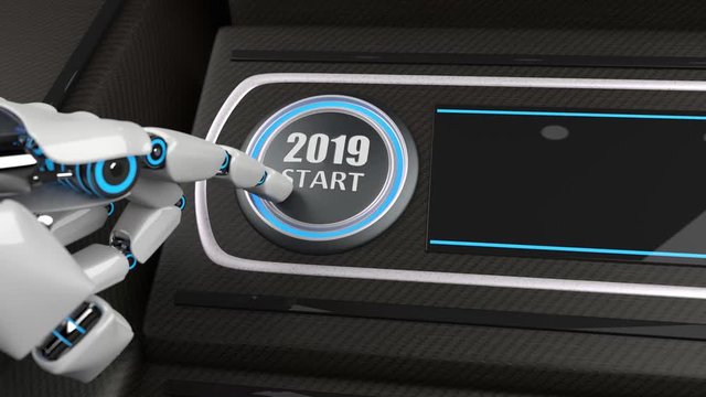 4k Video Humanoider Roboter dr&uuml;ckt auf den Knopf mit dem Text 2019 Start