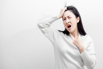 Asian woman different feeling Bored , headache And unhappy .