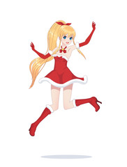 Joyful anime manga girl as Santa Claus in a jump