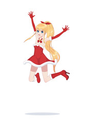 Joyful anime manga girl as Santa Claus in a jump