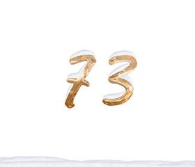 Gold Number 73 with Snow on white background