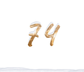 Gold Number 74 with Snow on white background