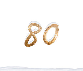 Gold Number 80 with Snow on white background