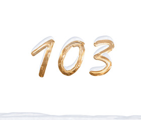 Gold Number 103 with Snow on white background